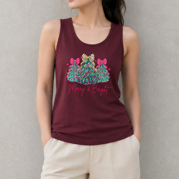 Retro Colorful Xmas Tree Tank, Merry and Bright Christmas Tree Tank Top, Pink Bow Holiday Sleeveless Tee, Christmas Beach Tan