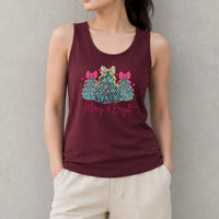 Retro Colorful Xmas Tree Tank, Merry and Bright Christmas Tree Tank Top, Pink Bow Holiday Sleeveless Tee, Christmas Beach Tank, Xmas Present