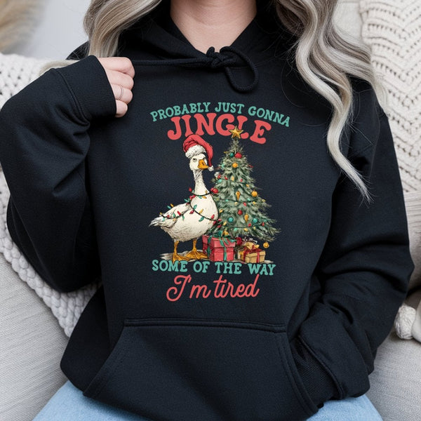 Jingle Tired Christmas Hoodie, Humorous Christmas Goose Hoodie, Sarcastic Holiday Hooded Sweatshirt, Adorable Christmas Goose