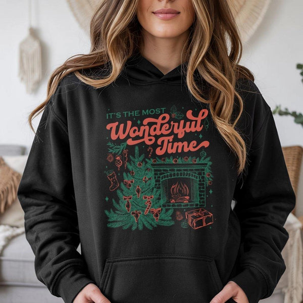 Retro Fireplace Pine Tree Sweatshirt, Most Wonderful Time Christmas Hoodie, Comfy Holiday Cabin Pullover, Winter Xmas Graphic