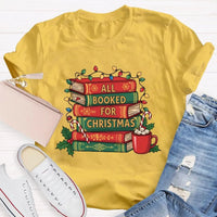 Comfy Bookworm Holiday Reading Shirt, All Booked for Christmas T-Shirt, Bookish Christmas Tree Graphic Tee, Book Lover Christmas T-Shirt