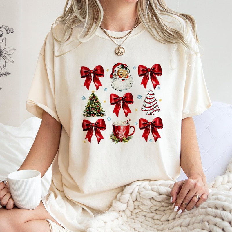 Retro Santa Cocoa Shirt, Christmas Bows Holiday T-Shirt, Adorable Winter Graphic Tee, Vintage Christmas T-Shirt, Womens Holiday Season Present