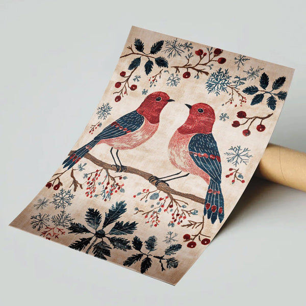 Vintage Tapestry Robins & Snowflakes Print, Winter Birds Wall Art, Christmas Bird Wall Poster, Rustic Holiday Farmhouse Decor