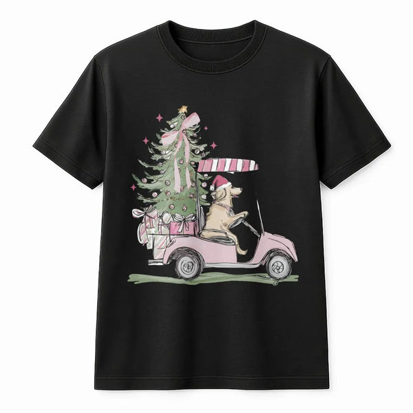 Golf Cart Holiday Dog Shirt, Christmas Golden Retriever T-Shirt, Adorable Xmas Retriever Graphic Tee, Humorous Dog Lover Shir