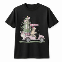 Golf Cart Holiday Dog Shirt, Christmas Golden Retriever T-Shirt, Adorable Xmas Retriever Graphic Tee, Humorous Dog Lover Shirt, Holiday Party Present