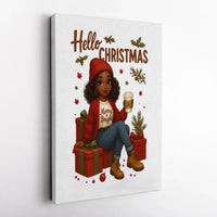 Comfy Coffee Holiday Canvas Print, Hello Christmas Black Girl Canvas Wall Art, Festive Winter Woman Canvas Decor, Xmas Present