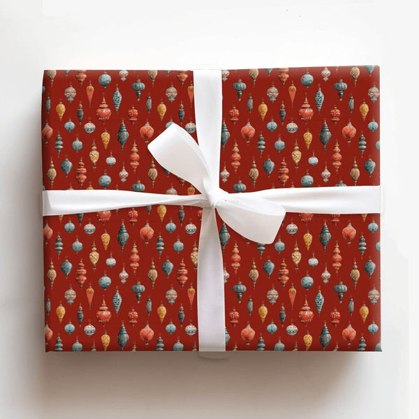 Watercolor Holiday Gift Wrap, Vintage Christmas Ornament Wrapping Paper, Retro Xmas Tree Bauble Wrapping Paper, Red Festive G
