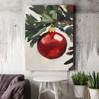 Red Bauble Pine Branch Canvas Print, Christmas Ornament Wall Art, Rustic Holiday Oil Painting Style Wall Art, Winter Festive Decor Present