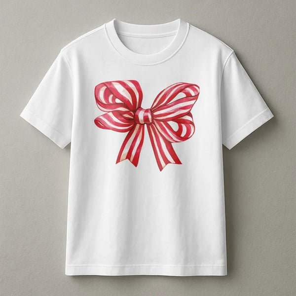 Retro Striped Ribbon T-Shirt, Christmas Bow Shirt, Adorable Holiday Bow Tee, Festive Christmas Graphic Shirt, Vintage Ribbon 
