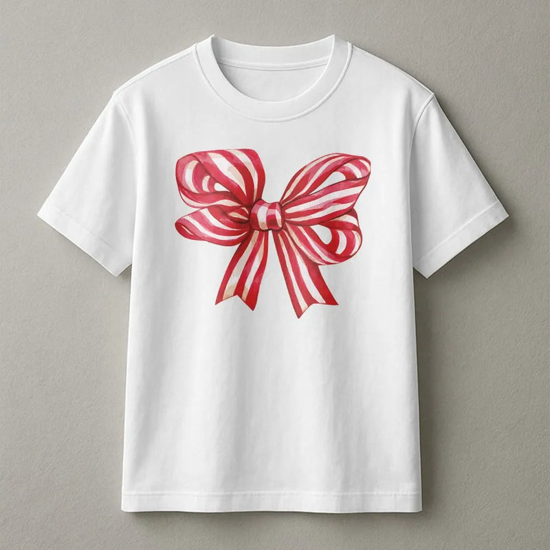 Retro Striped Ribbon T-Shirt, Christmas Bow Shirt, Adorable Holiday Bow Tee, Festive Christmas Graphic Shirt, Vintage Ribbon Xmas Shirt