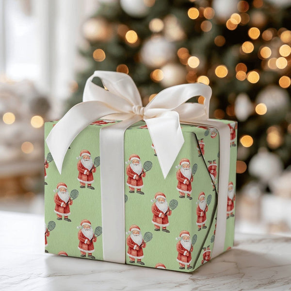 Whimsical Santa Gift Wrap, Tennis Santa Christmas Wrapping Paper, Green Tennis Wrapping Paper, Sports Fan Holiday Present Wra