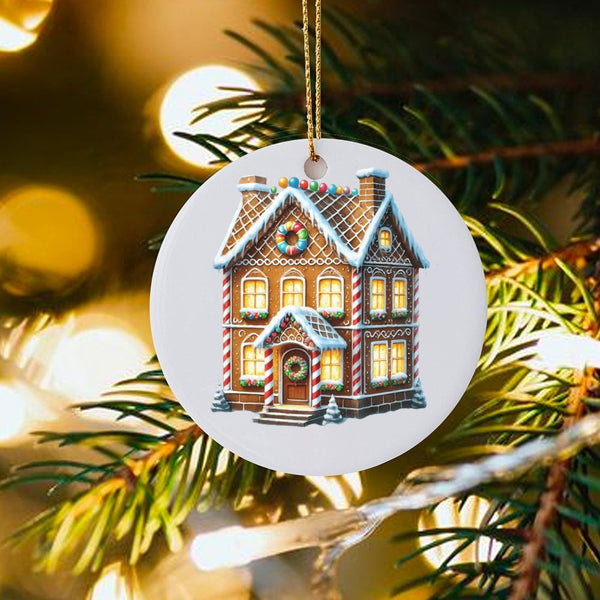 Holiday Home Decor Ornament, Gingerbread House Christmas Ornament, Ceramic Christmas Tree Ornament, Festive Family Keepsake P