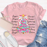 Aesthetic Holiday Graphic Tee, Joyful Peaceful Cheerful Christmas Tree T-Shirt, Retro Xmas Tree Shirt, Festive Winter Holiday Party Top