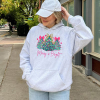 Pastel Christmas Tree Hooded Sweatshirt, Merry and Bright Christmas Hoodie, Aesthetic Holiday Hoodie, Comfy Winter Pullover Present for Her