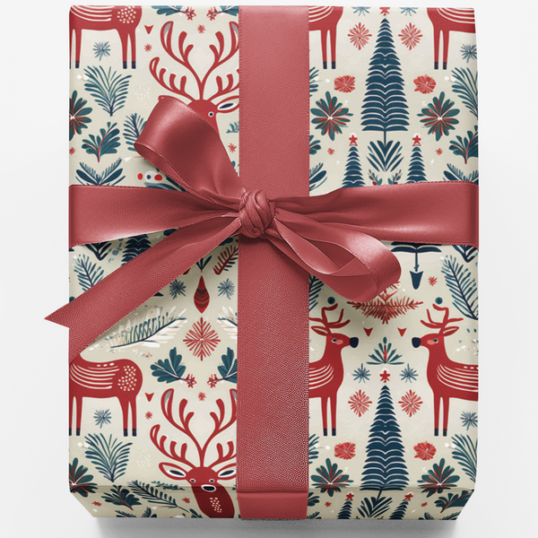 Nordic Reindeer Wrapping Paper, Scandi Deer Gift Wrap, Christmas Holiday Gift Wrap Roll, Winter Stag Present Paper, Woodland 