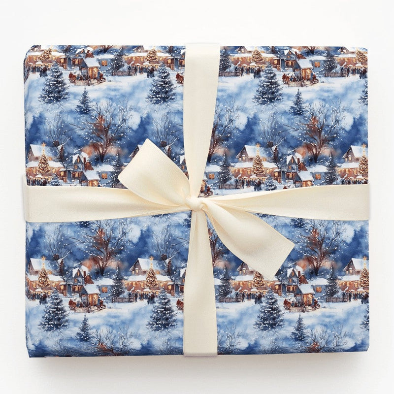 Watercolor Winter Town Gift Wrap, Snowy Village Christmas Wrapping Paper, Illuminated House Holiday Wrapping Paper, Comfy Festive Gift Wrap
