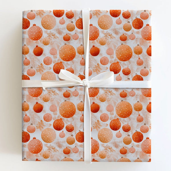 Festive Bauble Holiday Wrapping Paper, Orange Ornament Christmas Wrapping Paper, Pine Branch Wrapping Paper, Elegant Seasonal