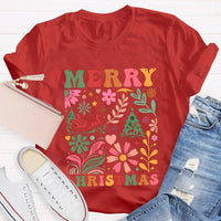 Colorful Flowers Holiday Trees Tee, Christmas Floral Tree Shirt, Botanical Xmas Graphic T-Shirt, Festive Winter Holiday Apparel