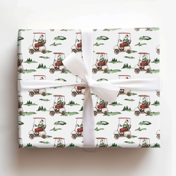 Watercolor Golf Cart Christmas Gift Wrap, Golfing Santa Wrapping Paper, Golfer Dad Holiday Wrapping Paper, Sports Fan Wrappin