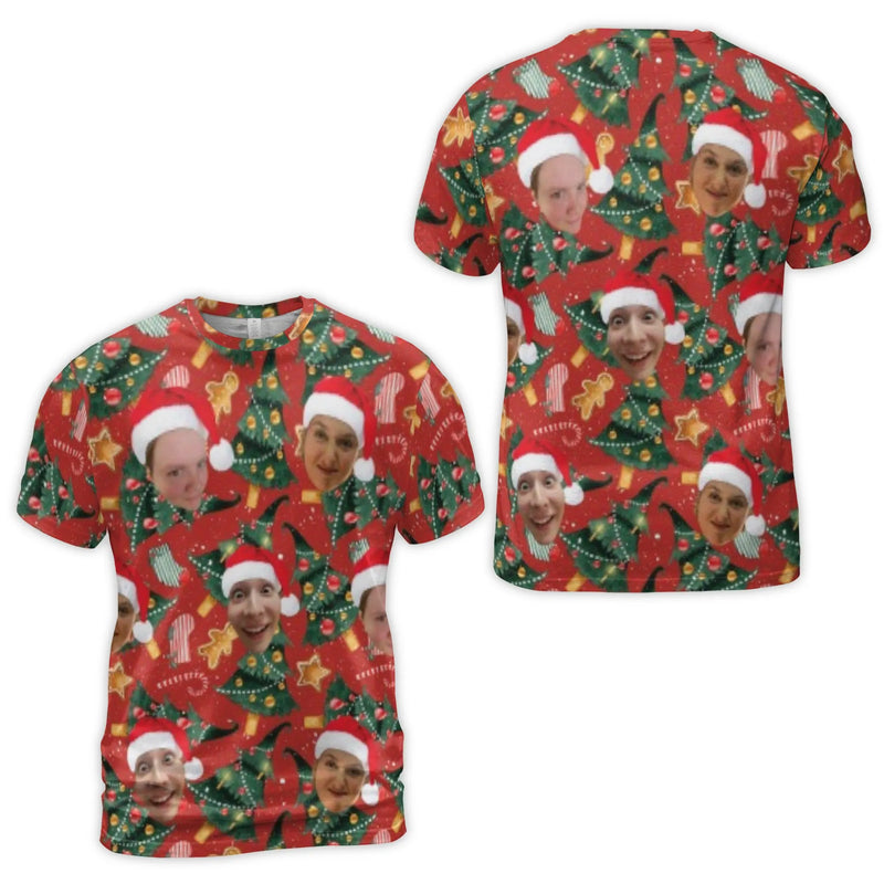 Personalized Santa Hat 3D Graphic Shirt, Custom Face Christmas T-Shirt, Humorous Holiday Photo Tee, Matching Family Christmas T-Shirt