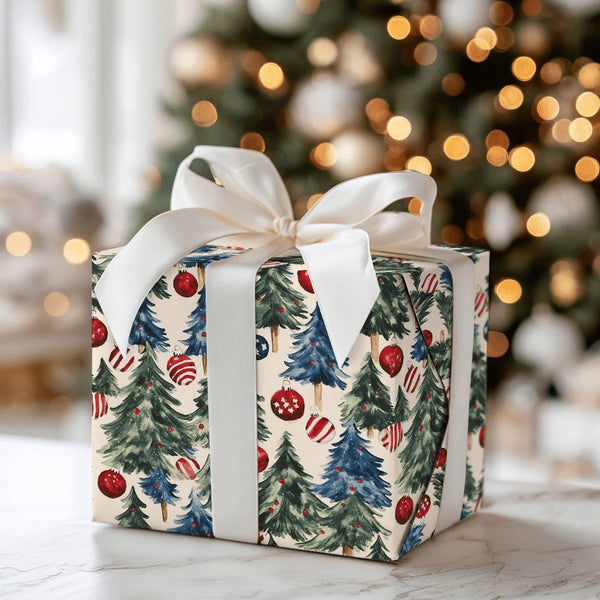 Red White Blue Tree Holiday Wrapping Paper, Americana Patriotic Christmas Wrapping Paper, Star Ornament Gift Wrap, Rustic Xma