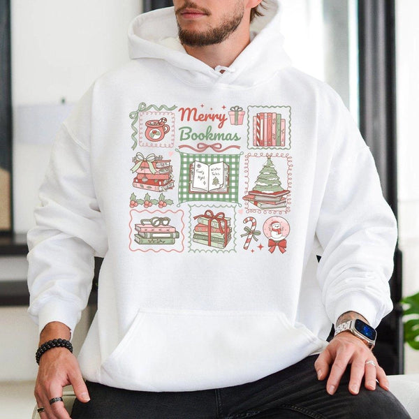 Comfy Reading Holiday Hooded Sweatshirt, Merry Bookmas Hoodie, Adorable Book Lover Christmas Pullover Hoodie, Bookworm Librar