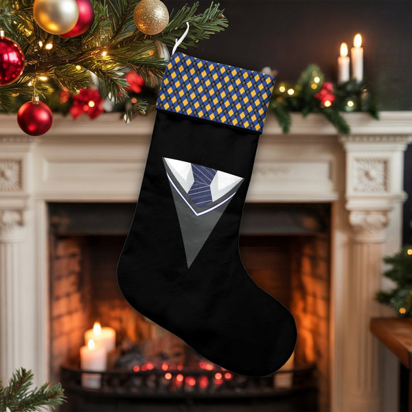 Gold and Blue Pattern Stocking, Abstract V Tie Christmas Stocking, Personalized Christmas Stocking, Modern Holiday Mantle Dec