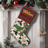 Adorable T-Rex Holiday Stocking, Personalized Dinosaur Christmas Stocking, Plaid Cuff Custom Kids Christmas Stocking, Festive Fireplace Decor