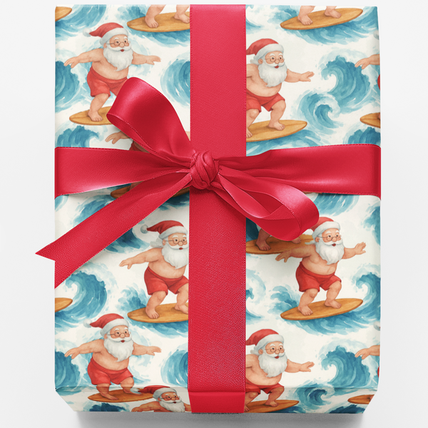 Tropical Christmas Gift Wrap, Surfing Santa Wrapping Paper, Beach Holiday Wrapping Paper, Coastal Xmas Gift Wrap Roll, Summer