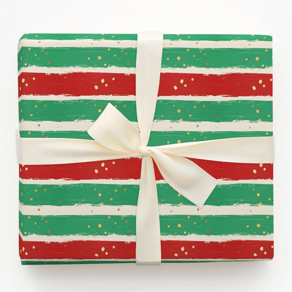 Red and Green Holiday Gift Wrap, Striped Christmas Wrapping Paper, Painted Stripe Wrapping Paper, Gold Confetti Present Wrapp