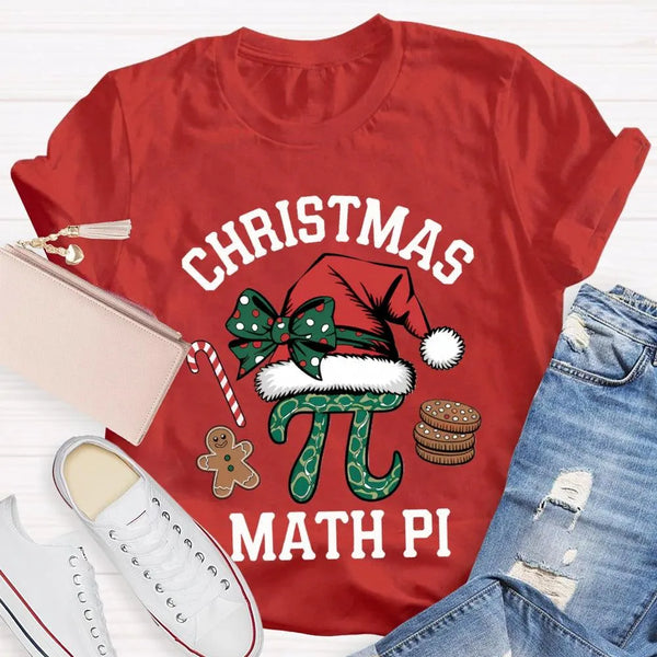 Humorous Math Teacher Holiday Shirt, Pi Symbol Santa Hat Christmas T-Shirt, Christmas STEM Graphic Tee, Math Lover Xmas Tee, 