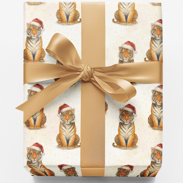 Santa Hat Tiger Gift Wrap, Christmas Tiger Wrapping Paper, Adorable Big Cat Christmas Wrapping Paper, Safari Animal Holiday G