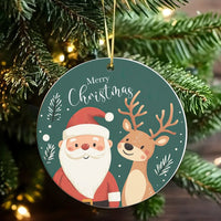 Ceramic Holiday Tree Ornament, Merry Christmas Santa and Reindeer Ornament, Festive Christmas Keepsake Ornament, Family Xmas Present