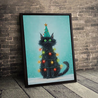 Whimsical Holiday Kitten Wall Art, Black Cat Christmas Tree Canvas, Festive Seasonal Cat Tree Print, Adorable Xmas Cat Lover Home Decor