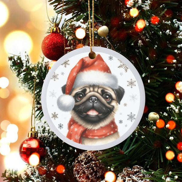 Santa Hat Pug Dog Ornament, Pug Christmas Ornament, Ceramic Pet Holiday Ornament, Adorable Puppy Tree Decor, Dog Lover Christ