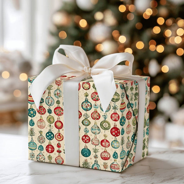 Retro Bauble Holiday Gift Wrap, Vintage Ornament Christmas Wrapping Paper, Antique Festive Print Gift Wrapping Paper, Winter 