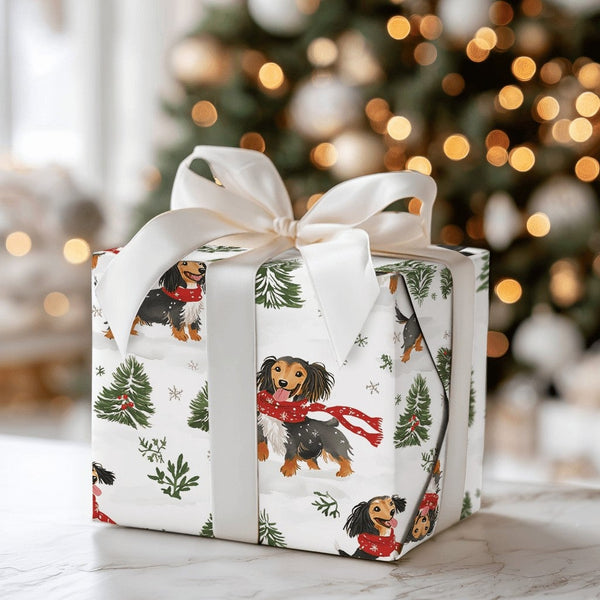 Winter Wiener Dog Wrapping Paper, Long Haired Dachshund Christmas Wrapping Paper, Holiday Puppy Wrapping Paper, Festive Gift 