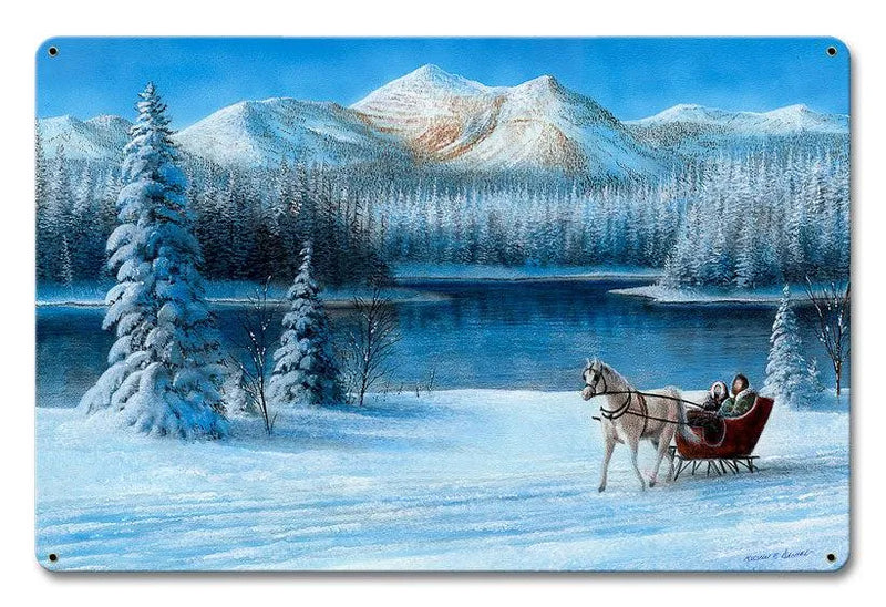Vintage Winter Scene Metal Sign, Sleigh Ride by the Lake Metal Sign, Rustic Holiday Lake Wall Decor Sign, Christmas Sleigh Metal Sign