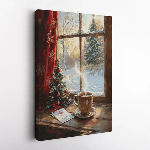 Snowy Cabin Winter Forest View Print, Christmas Window Canvas Wall Art, Festive Holiday Wall Decor, Comfy Art, Digital Downlo