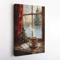 Snowy Cabin Winter Forest View Print, Christmas Window Canvas Wall Art, Festive Holiday Wall Decor, Comfy Art, Digital Download