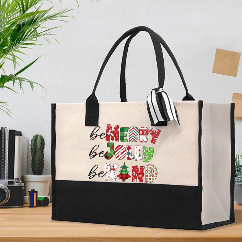 Retro Holiday Christmas Tote Bag, Be Merry Be Jolly Be Kind Cotton Tote Bag, Festive Winter Slogan Shopper, Daily Canvas Shoulder Bag