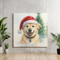 Watercolor Santa Hat Pet Portrait Poster, Golden Retriever Christmas Dog Wall Art, Snowy Holiday Art Print, Dog Mom Digital Download