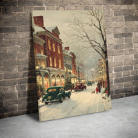 Snowy Street Canvas Print, Vintage Christmas Town Canvas Wall Art, Classic Car Winter Canvas, Holiday Season Wall Decor, Festive Home Present