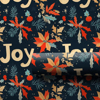 Navy Holly Botanical Holiday Wrapping Paper, Joy Poinsettia Christmas Wrapping Paper, Floral Winter Gift Wrap, Elegant Xmas Paper Roll