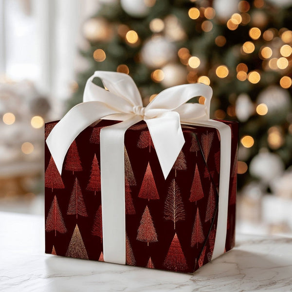 Burgundy Christmas Gift Wrap, Modern Gold Tree Wrapping Paper, Elegant Geometric Holiday Wrapping Paper