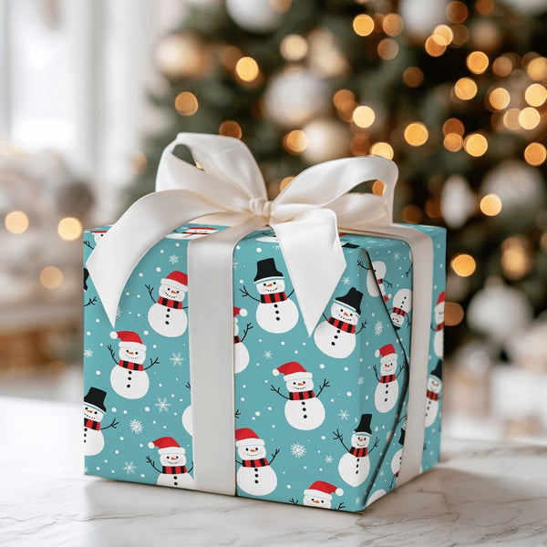 Adorable Holiday Gift Wrap, Teal Snowman Wrapping Paper, Cartoon Snowman Wrapping Paper, Festive Snowflake Gift Wrap, Christm