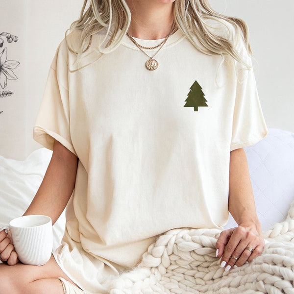 Minimalist Evergreen Pine Graphic Tee, Christmas Tree T-Shirt, Vintage Winter Holiday Forest Shirt, Comfy Rustic Farmhouse Xm