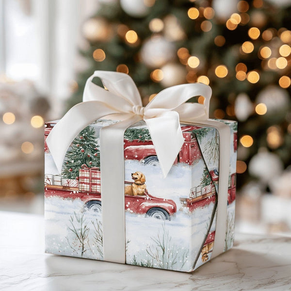 Golden Retriever Dog Gift Wrap, Vintage Red Truck Christmas Wrapping Paper, Rustic Farmhouse Wrapping Paper Roll, Holiday Pre