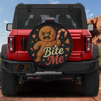 Bite Me Christmas Wheel Cover with Camera Hole, Angry Gingerbread Man Spare Tire Cover, Humorous Holiday Tire Cover, Jeep Bronco Tire Cover