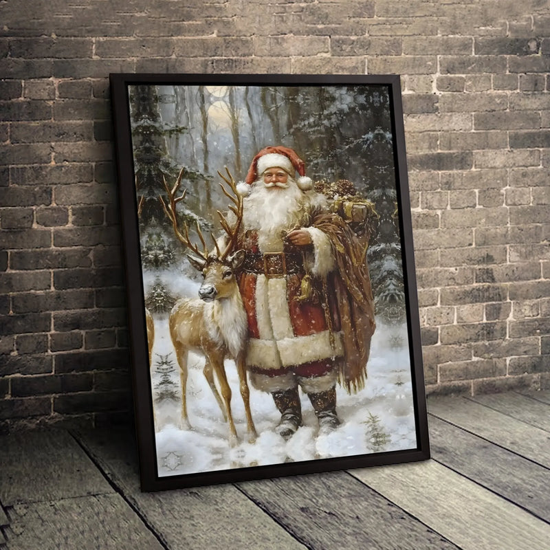 Reindeer Forest Canvas Print, Vintage Santa Claus Canvas Art, Winter Holiday Canvas Decor, Christmas Wall Art Canvas, Festive Seasonal Present